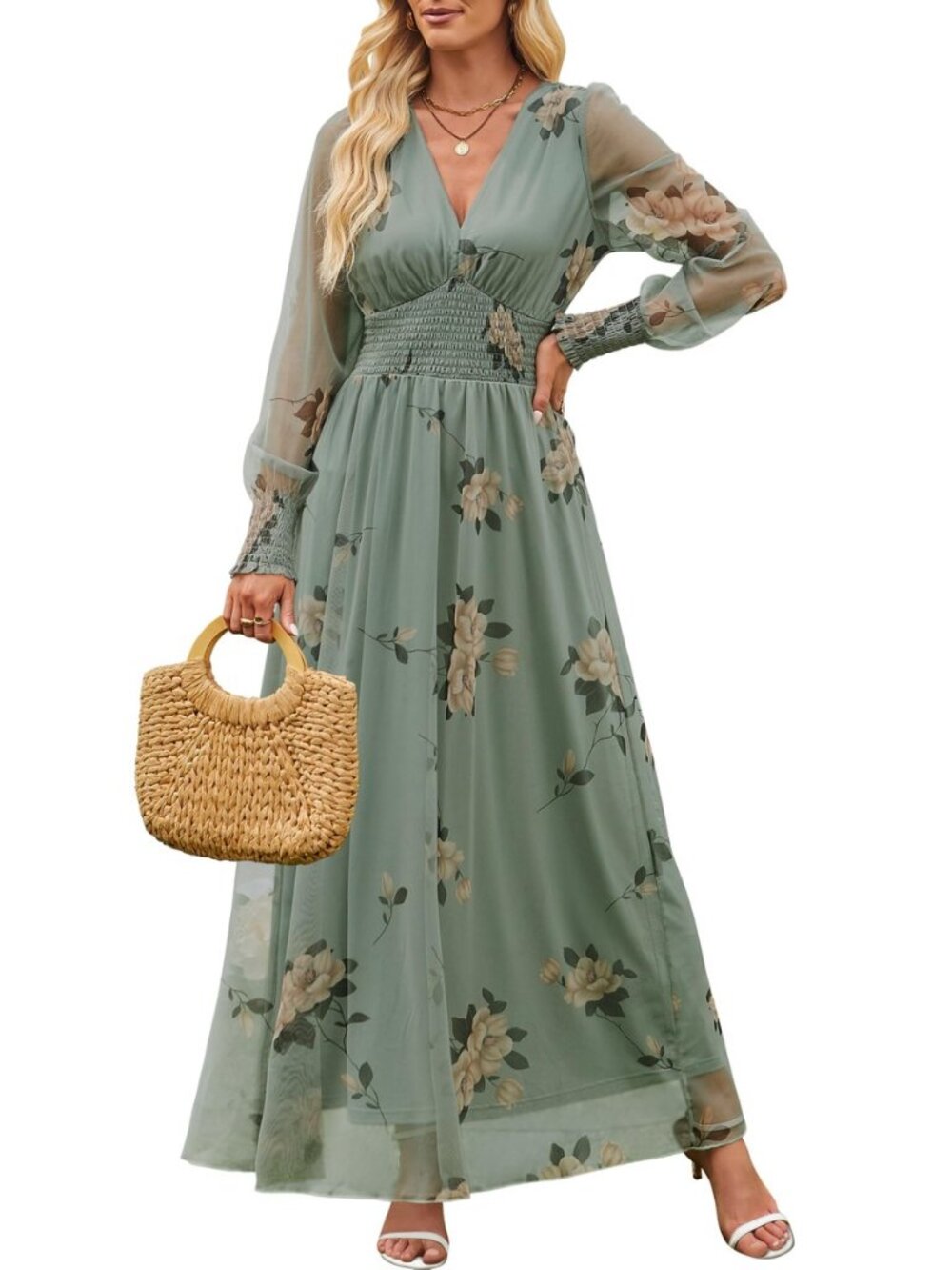 Women's Fall Wedding Guest Tulle Floral Long Sleeve Maxi Dress